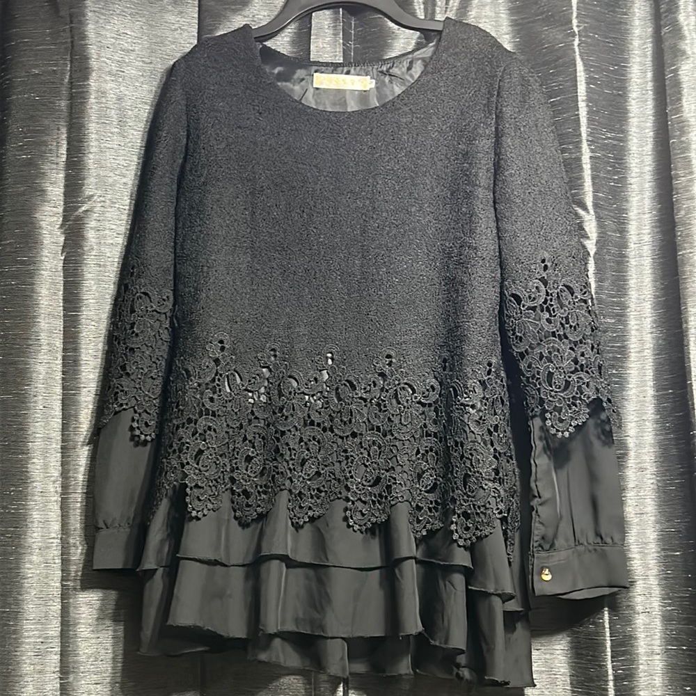 Long Sleeve black Lacey Chiffon Layered Popover Top - medium